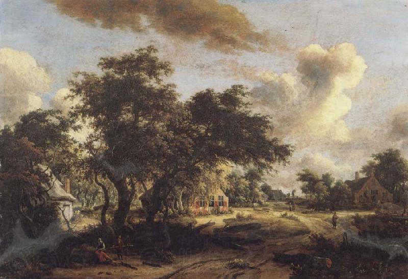 Meindert Hobbema Village with Water Mill Among Trees
